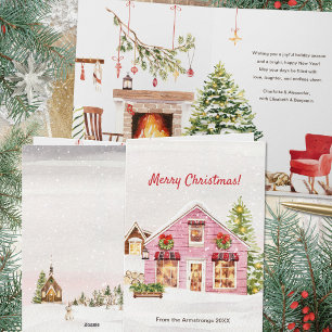 Roze Aquarel Cottage Open Haard Kerstmis Feestdagen Kaart