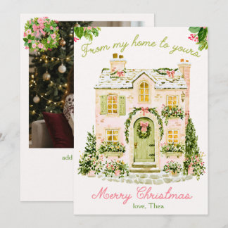 Roze Aquarel Cottage Vrolijk Kerst Foto Feestdagenkaart
