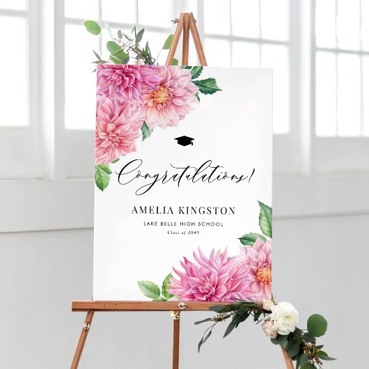 Roze Aquarel Dahlia Felicitaties Afstuderen Poster