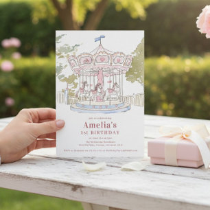 Roze Aquarel Draaimolen 1e Verjaardagsaankondiging Kaart