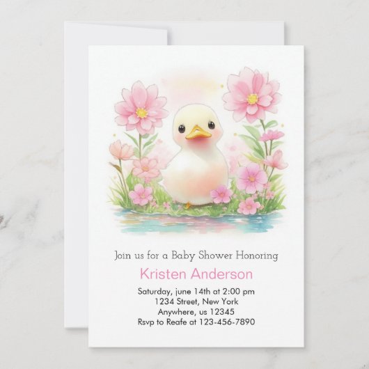 Roze Aquarel Eendje Grilleg Meisje Baby Shower Kaart (Voorkant)