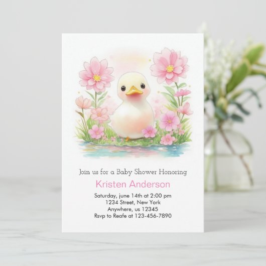 Roze Aquarel Eendje Grilleg Meisje Baby Shower Kaart (Staand voorkant)