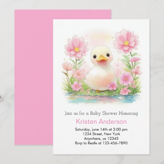 Roze Aquarel Eendje Grilleg Meisje Baby Shower Kaart (Voorkant / Achterkant)