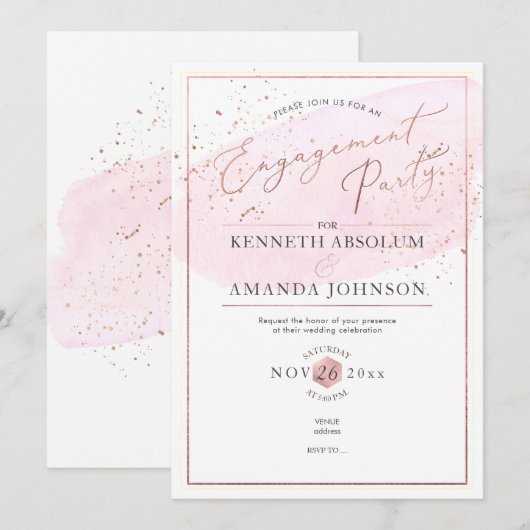 Roze Aquarel Elegante Script Verloving Feest Kaart (Voorkant / Achterkant)