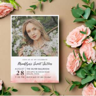 Roze Aquarel Foto Sweet 16 Kaart