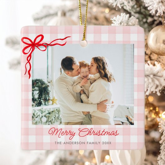 Roze Aquarel Gingham Kerst Foto Keramisch Ornament
