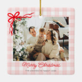 Roze Aquarel Gingham Kerst Foto Keramisch Ornament (Achterkant)