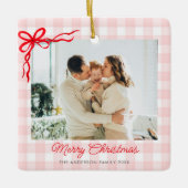 Roze Aquarel Gingham Kerst Foto Keramisch Ornament (Voorkant)