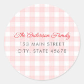 Roze Aquarel Gingham Retouradres Ronde Sticker (Voorkant)