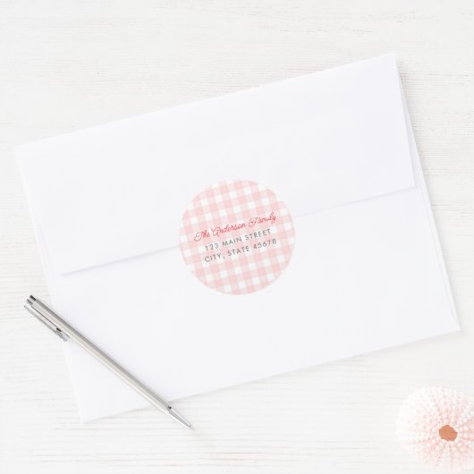 Roze Aquarel Gingham Retouradres Ronde Sticker (Envelop)