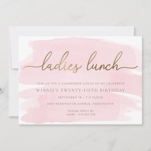 Roze Aquarel Gouden Dames Lunch Kaart (Voorkant)