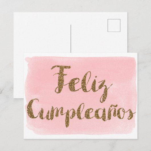 Roze Aquarel Gouden Glitter Feliz Cumpleanos Briefkaart (Voorkant / Achterkant)