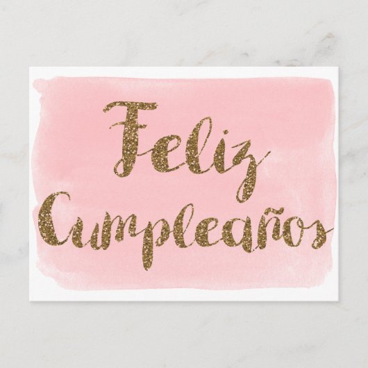 Roze Aquarel Gouden Glitter Feliz Cumpleanos Briefkaart (Voorkant)