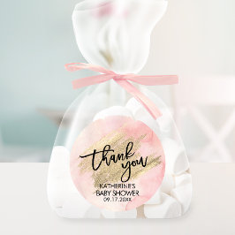 Roze Aquarel Gouden Kwaststreek Babyfeestje Ronde Sticker