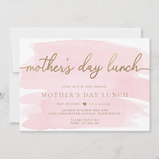 Roze Aquarel Gouden Moederdag Lunch Kaart (Voorkant)