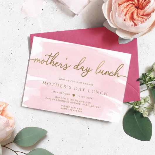 Roze Aquarel Gouden Moederdag Lunch Kaart