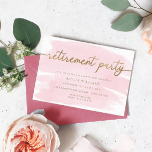 Roze Aquarel Gouden Pensioenfeest Uitnodiging
