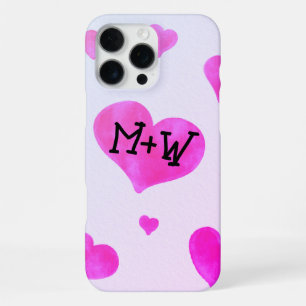 Roze aquarel harten Aangepaste koppel naam initial iPhone 16 Pro Max Hoesje
