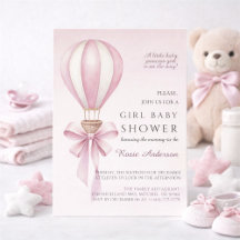 Roze Aquarel Heet Luchtballon Meisje Baby Shower