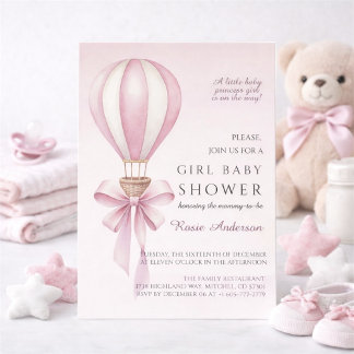 Roze Aquarel Heet Luchtballon Meisje Baby Shower Kaart