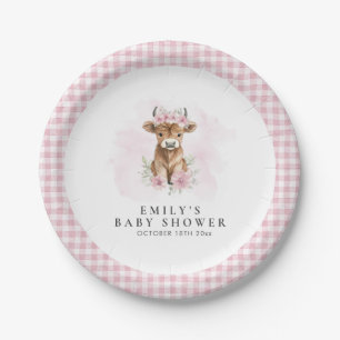 Roze Aquarel Hoogland Koe Meisje Baby Shower Papieren Bordje