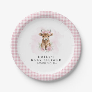 Roze Aquarel Hoogland Koe Meisje Baby Shower Papieren Bordje