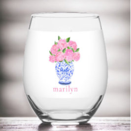 Roze Aquarel Hydrangea's Chinoiserie Op Maat Wijnglas Zonder Voet