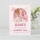 Roze Aquarel Illustratieve Cute One Year Verjaarda Kaart (Staand voorkant)