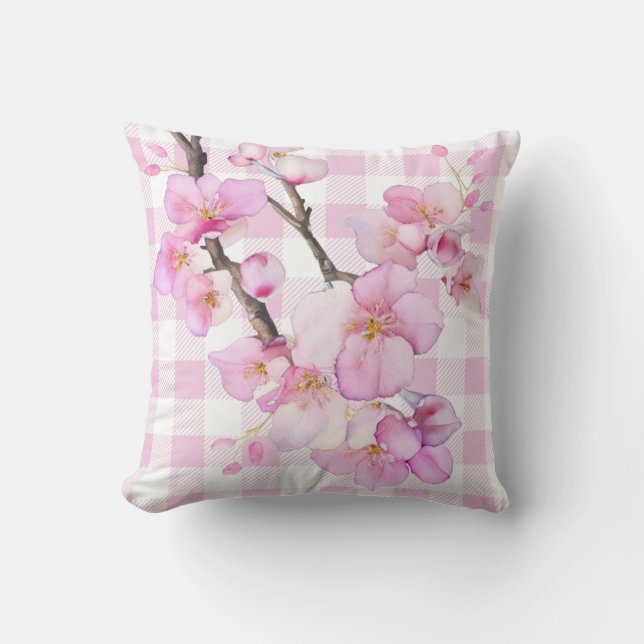 Roze aquarel kersenbloesem roze wit geruit kussen (Voorkant)