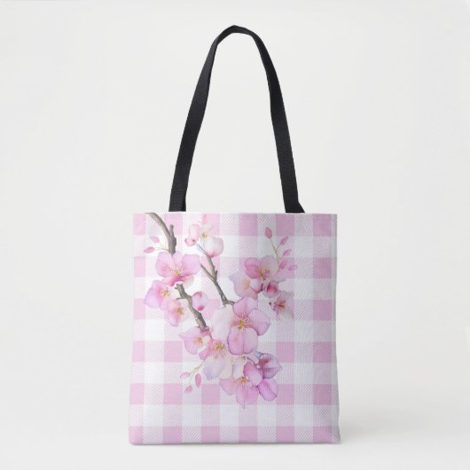 Roze aquarel kersenbloesem ruit gingham tote bag (Voorkant)