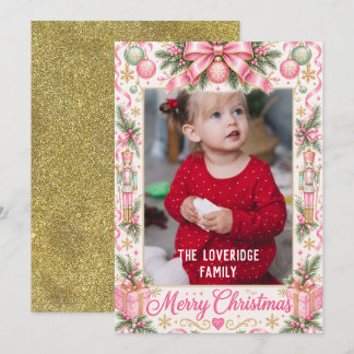 Roze Aquarel Kerst Fotokaart Notenkraker Feestdagenkaart