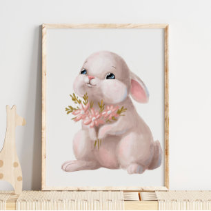Roze Aquarel Konijn Bloem   Konijn Muurprint Poster