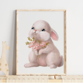 Roze Aquarel Konijn Bloem | Konijn Muurprint Poster
