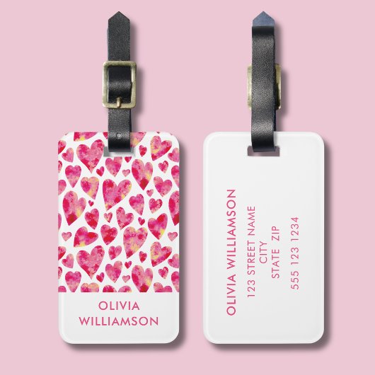 Roze aquarel liefdeshart bagagelabel