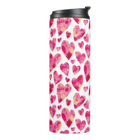 Roze aquarel liefdeshartpatroon thermosbeker (Gedraaid links)