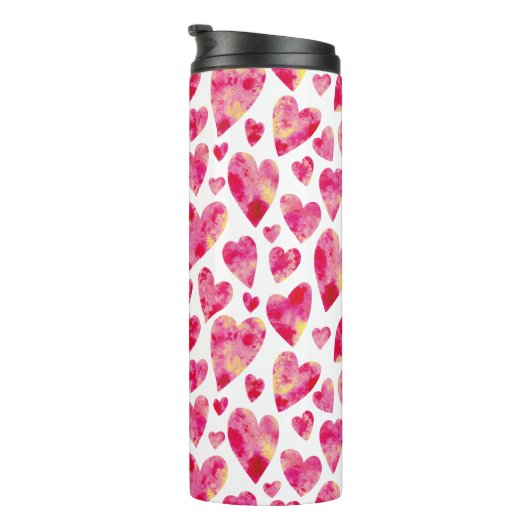 Roze aquarel liefdeshartpatroon thermosbeker (Geroteerd rechts)