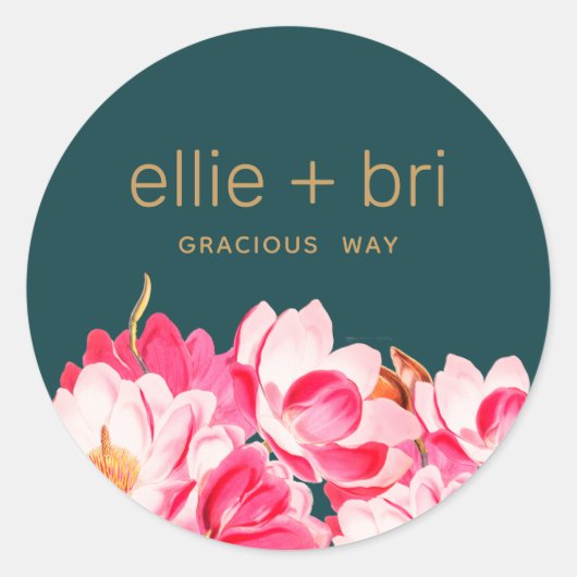 Roze Aquarel Magnolia Bloem Sticker in Teal (Voorkant)