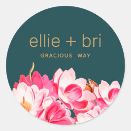 Roze Aquarel Magnolia Bloemsticker in Teal  Ronde Sticker