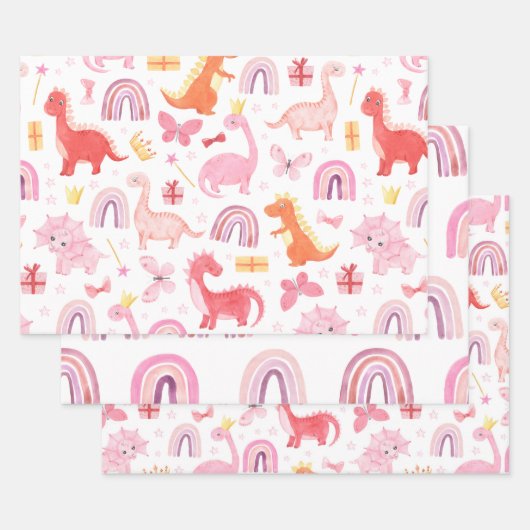Roze Aquarel Meisje Dinosaurussen Boho Regenbogen Inpakpapier Vel (Set)