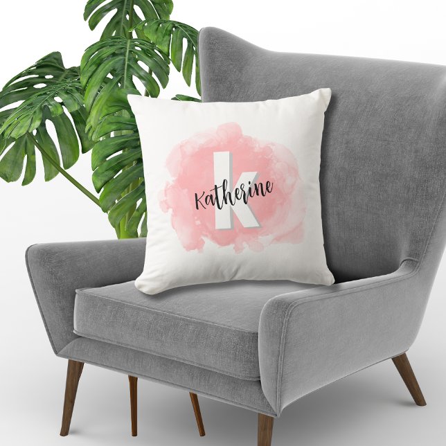 Roze Aquarel Monogram Kussen (Modern Pink Watercolor Monogrammed Throw Pillow)