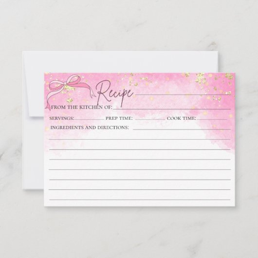 Roze Aquarel Nep Gouden Glitter Strik Receptkaart Kaart (Voorkant)