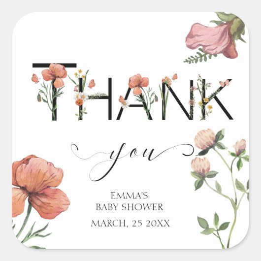 Roze aquarel papavers Dank u Vierkante Sticker (Voorkant)