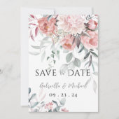 Roze Aquarel Pioen Groene Bloemen Bruiloft Save The Date (Voorkant)