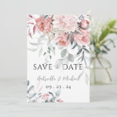 Roze Aquarel Pioen Groene Bloemen Bruiloft Save The Date (Staand voorkant)
