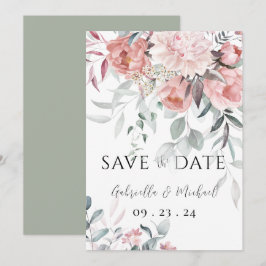 Roze Aquarel Pioen Groene Bloemen Bruiloft Save The Date
