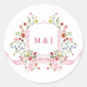 Roze Aquarel Regency Wapen Bloem Bruiloft Ronde Sticker (Voorkant)