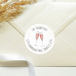 Roze Aquarel Retouradres Champagneglas Ronde Sticker