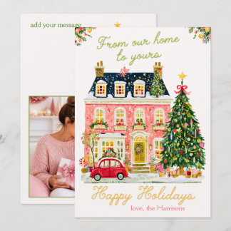 Roze Aquarel Rijtjeshuis Kerst Foto Feestdagenkaart