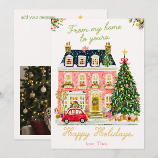Roze Aquarel Rijtjeshuis Kerstmis Foto Feestdagenkaart