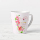 Roze Aquarel Roos Bloemige Monogram Initiaal Latte Mok (Rechterhoek)